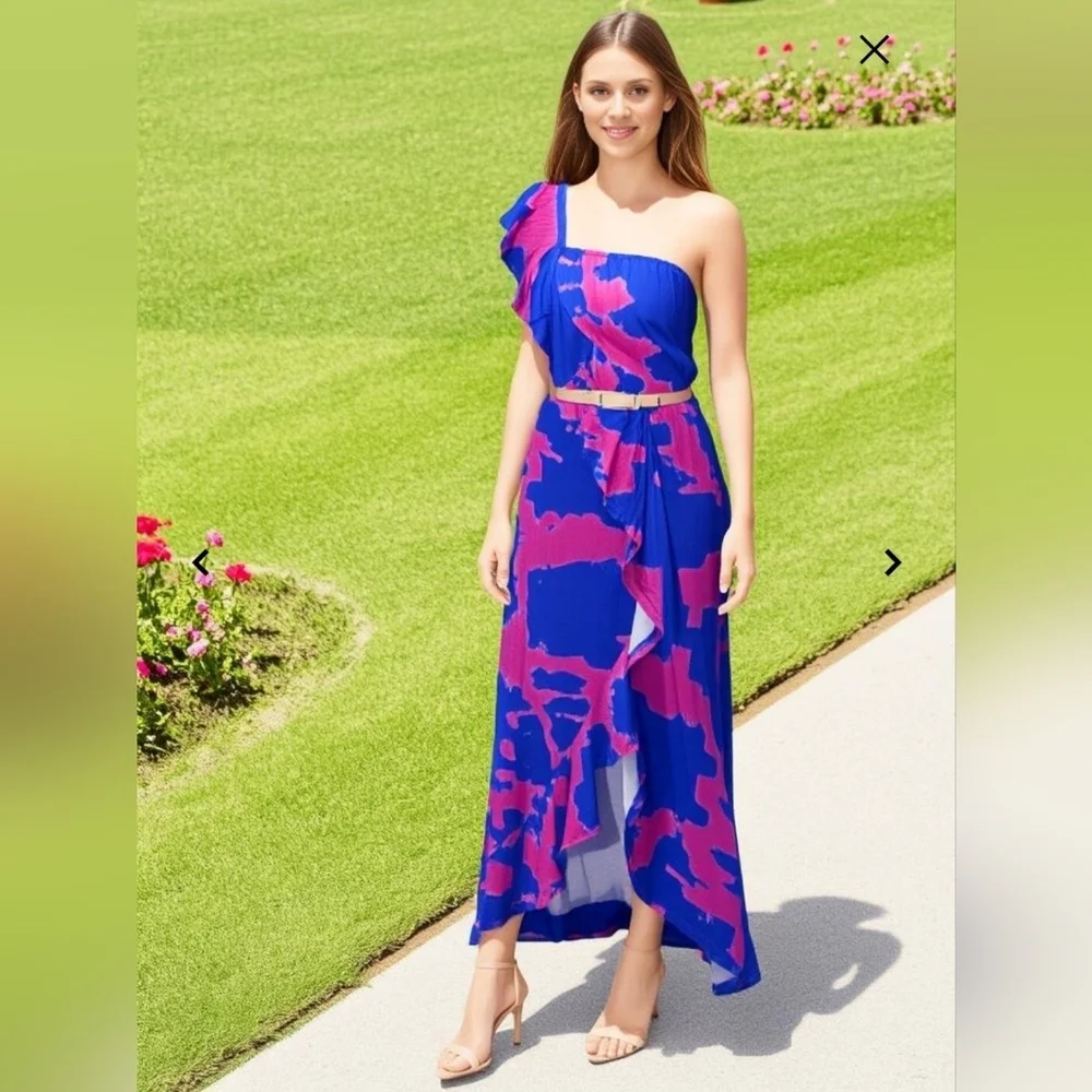 Asymmetrical Sundress Blue & Pink One Shoulder Ruffled - Picture 8 of 12